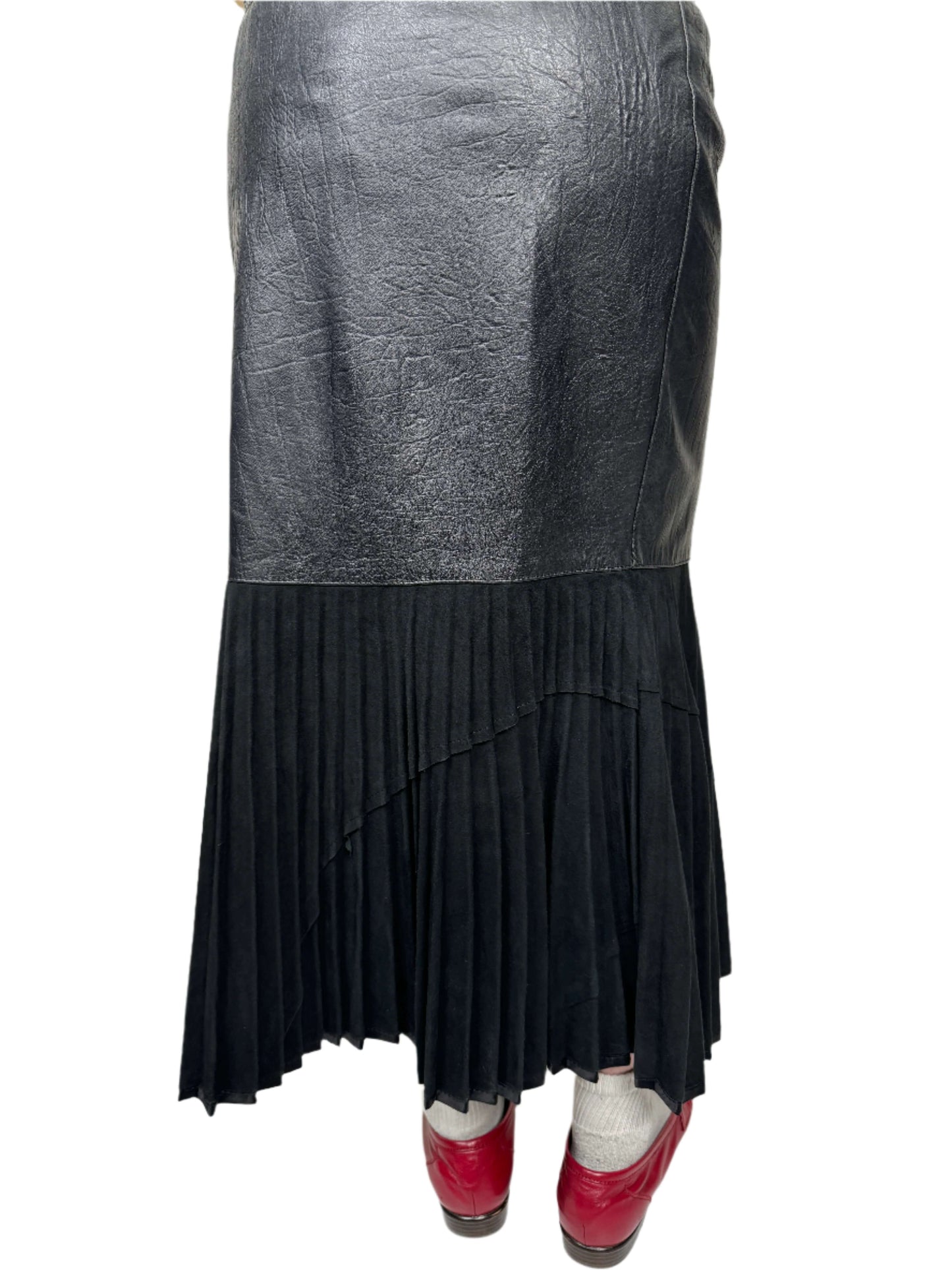 Black Leather Pleated Midi Skirt 1980s