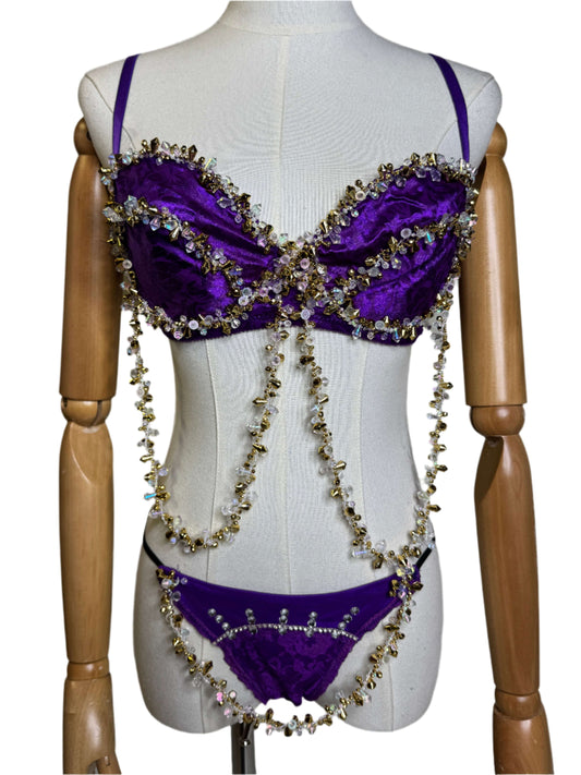 Purple Satin & Gold Beaded Panty Set