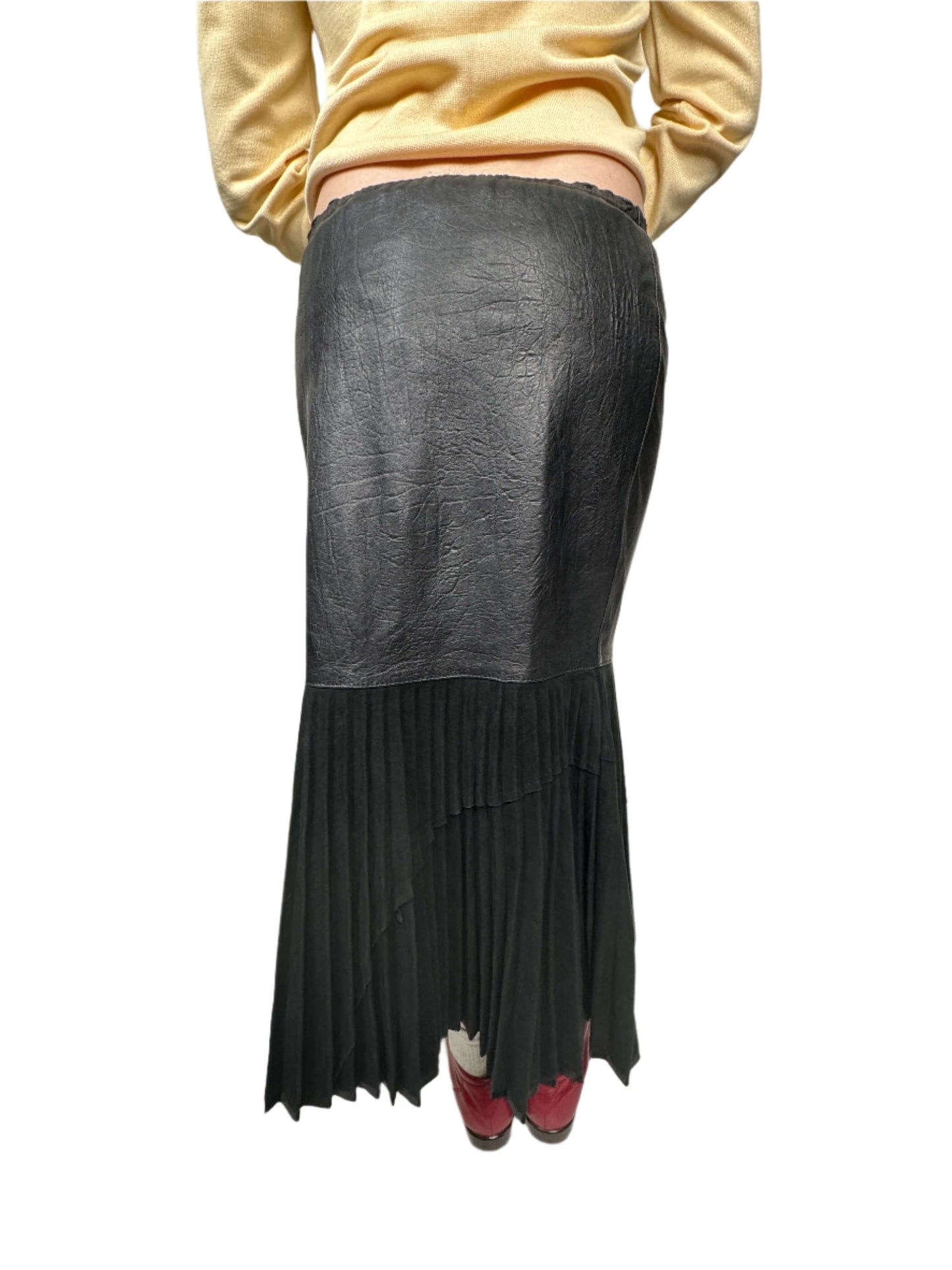 Black Leather Pleated Midi Skirt 1980s