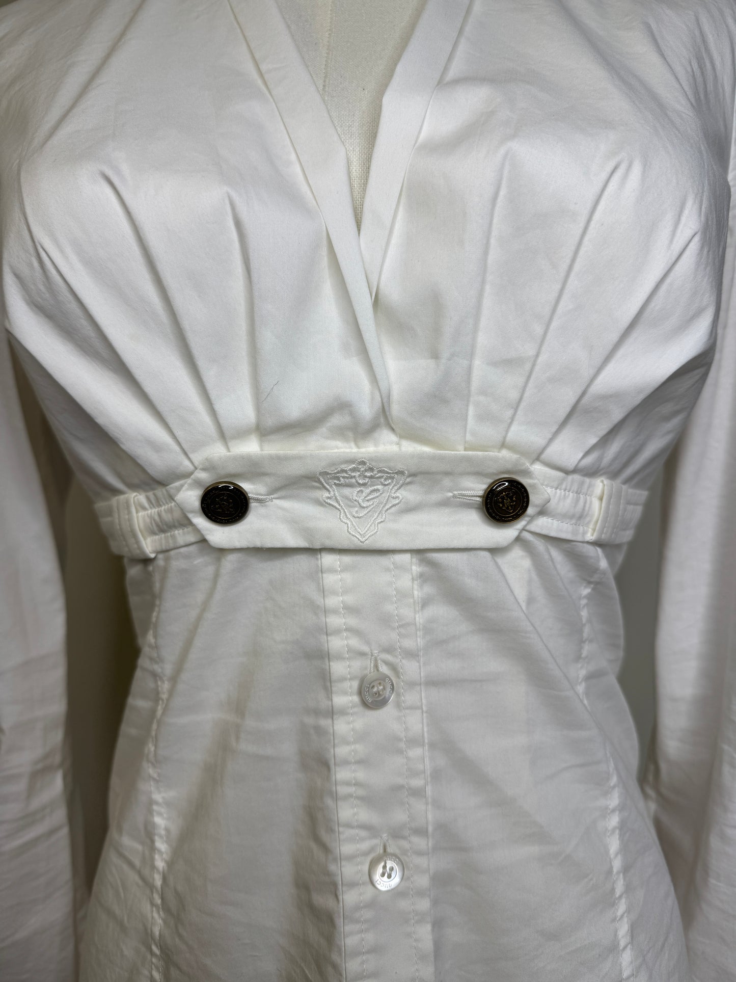 Gucci, White Cotton Blouse V-Neck, Buttoned Empire Waist 2000s