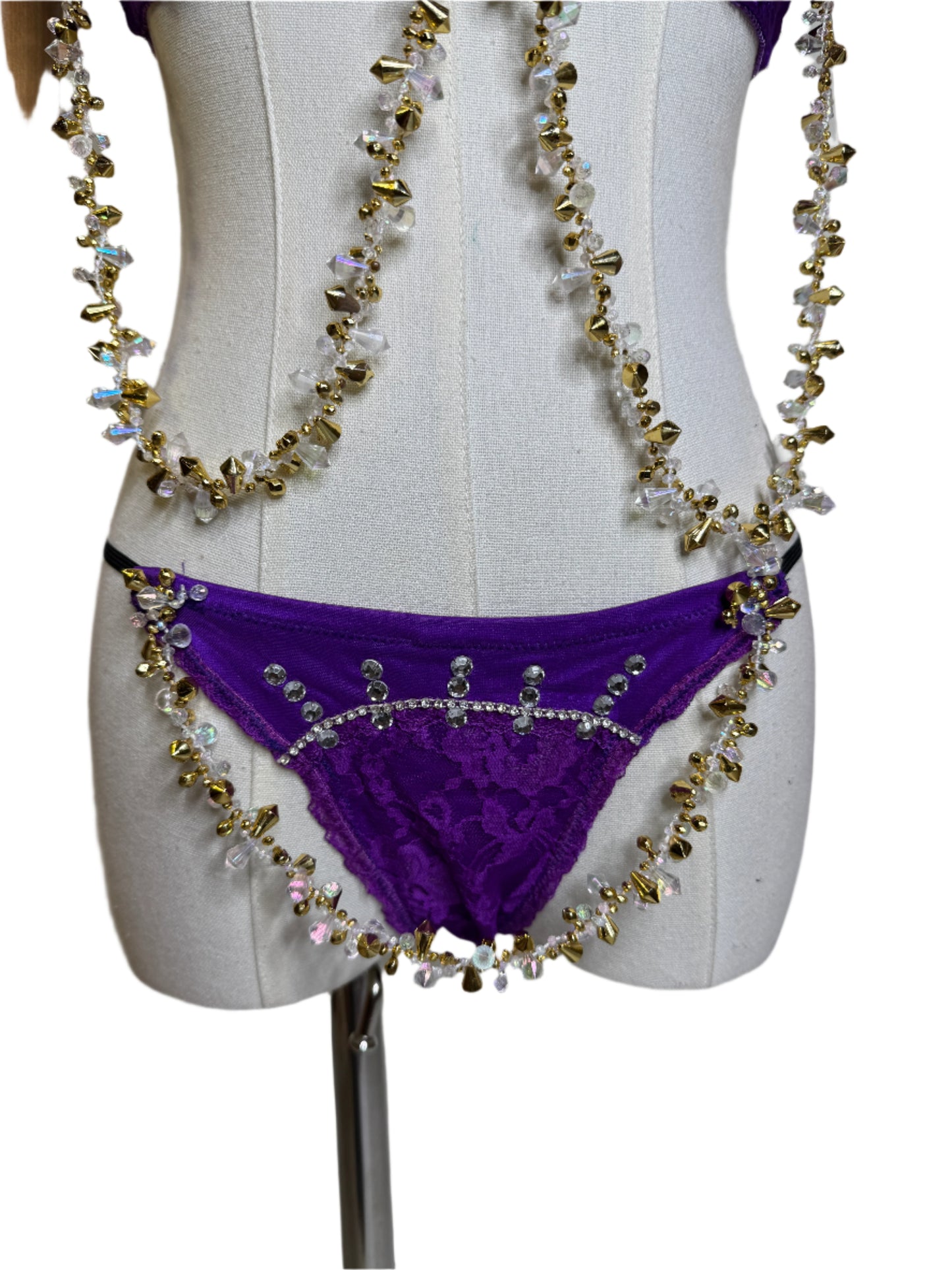 Purple Satin & Gold Beaded Panty Set