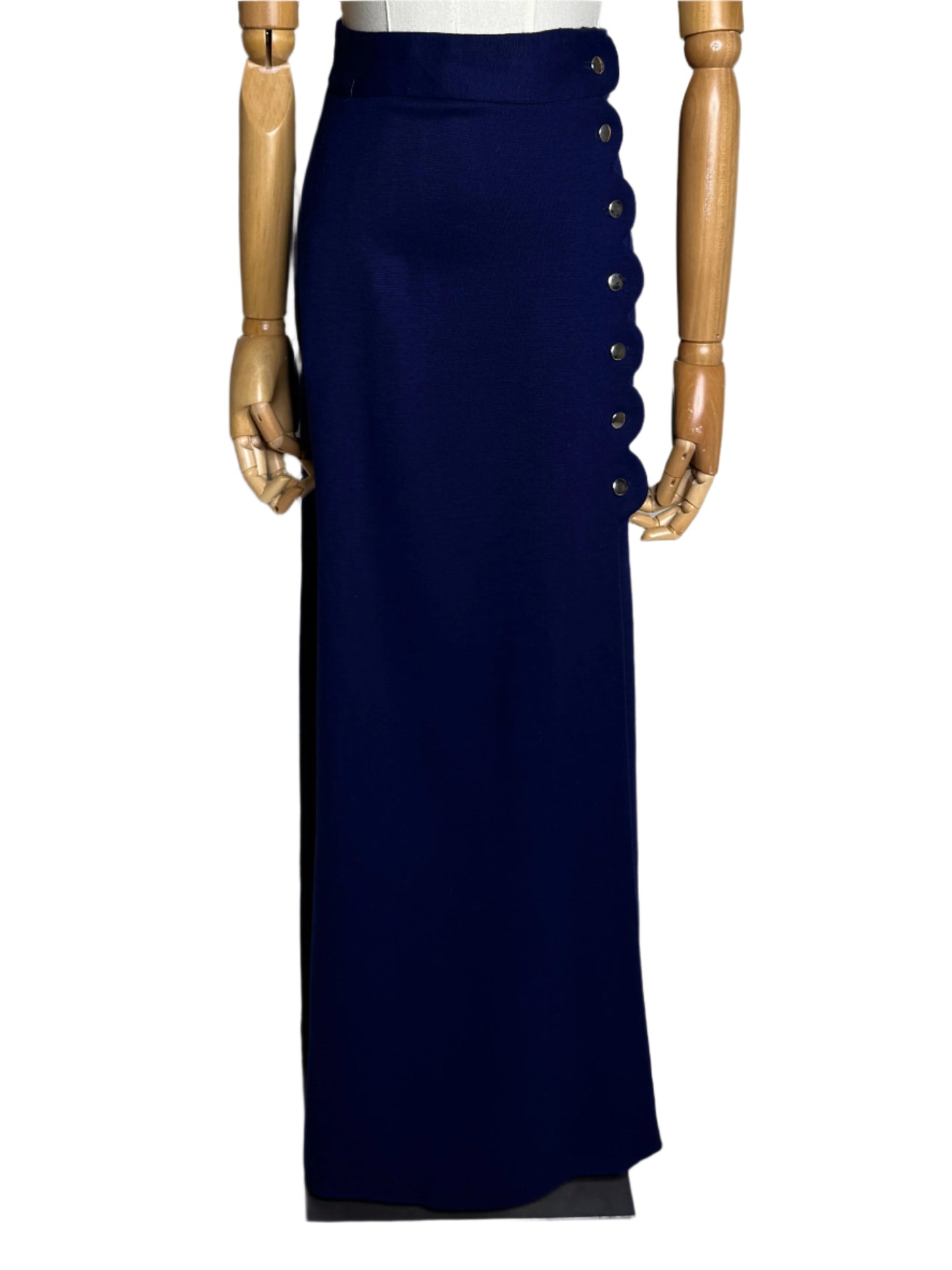 Little Sticks Blue Wool Scalloped Maxi Skirt 1970s
