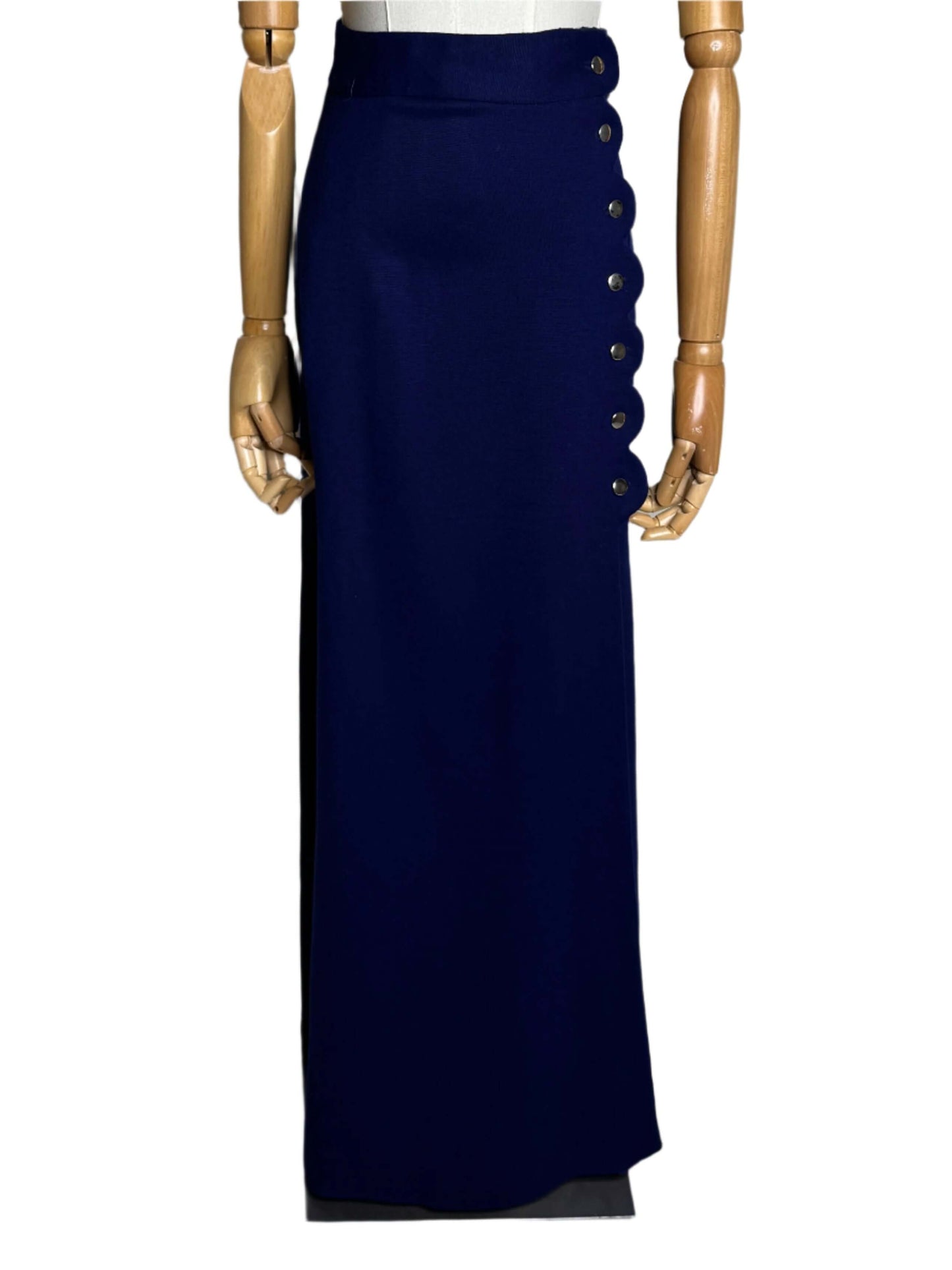 Little Sticks Blue Wool Scalloped Maxi Skirt 1970s