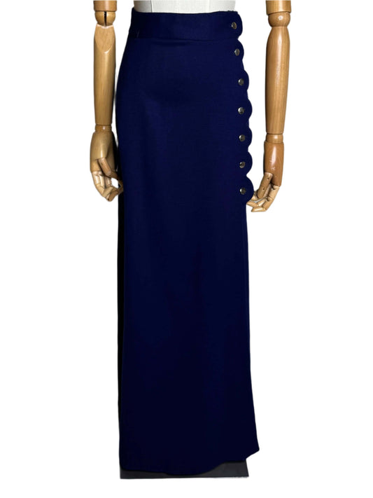 Little Sticks Blue Wool Scalloped Maxi Skirt 1970s