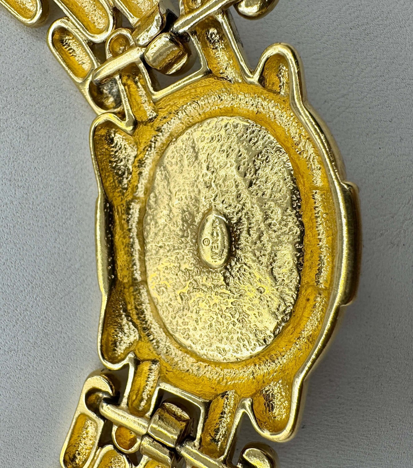 Givenchy, Gold Wide Link Statement Necklace w/ Rhinestones & Pearl 1980s