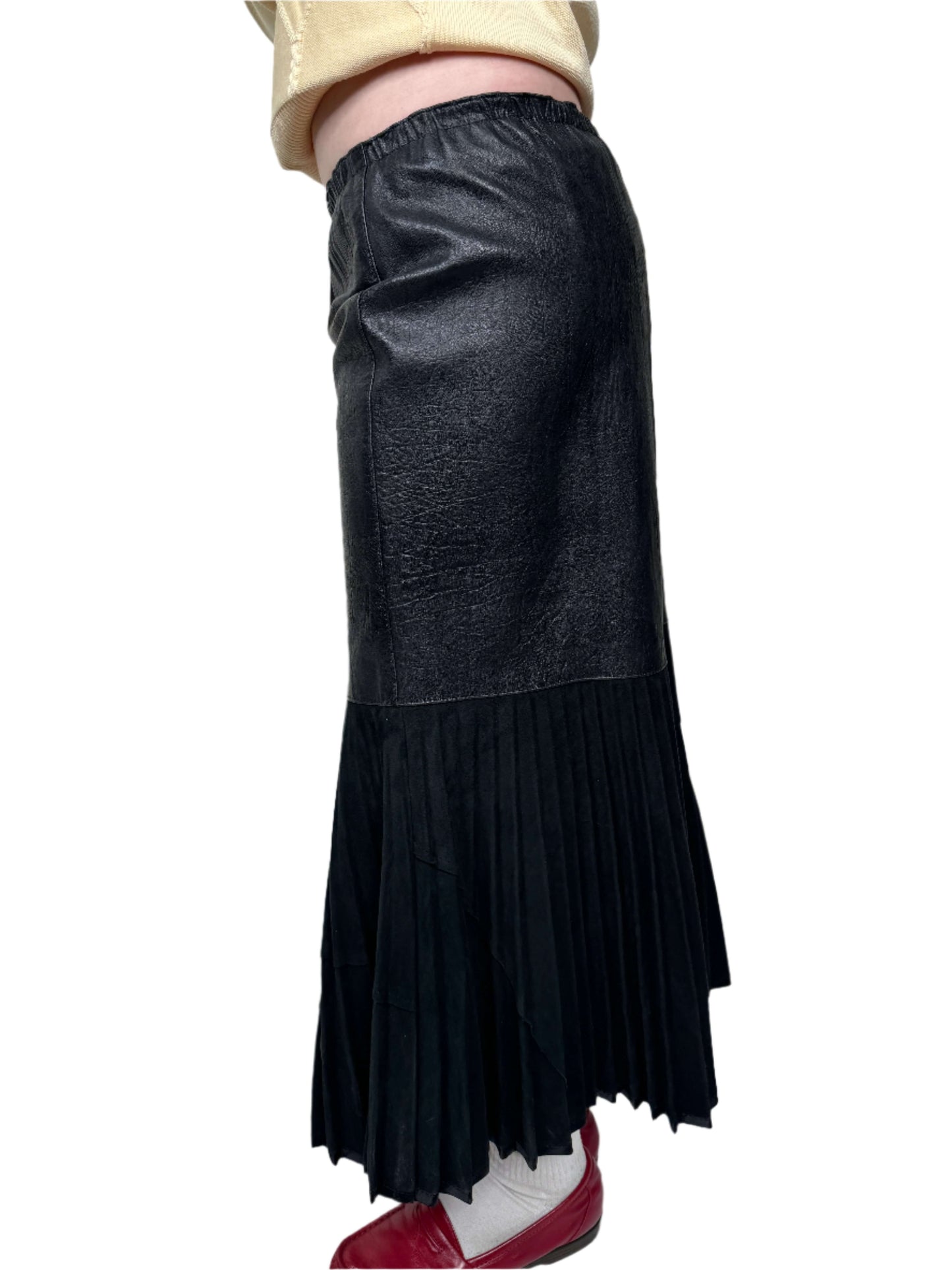 Black Leather Pleated Midi Skirt 1980s