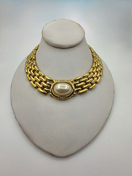 Givenchy, Gold Wide Link Statement Necklace w/ Rhinestones & Pearl 1980s