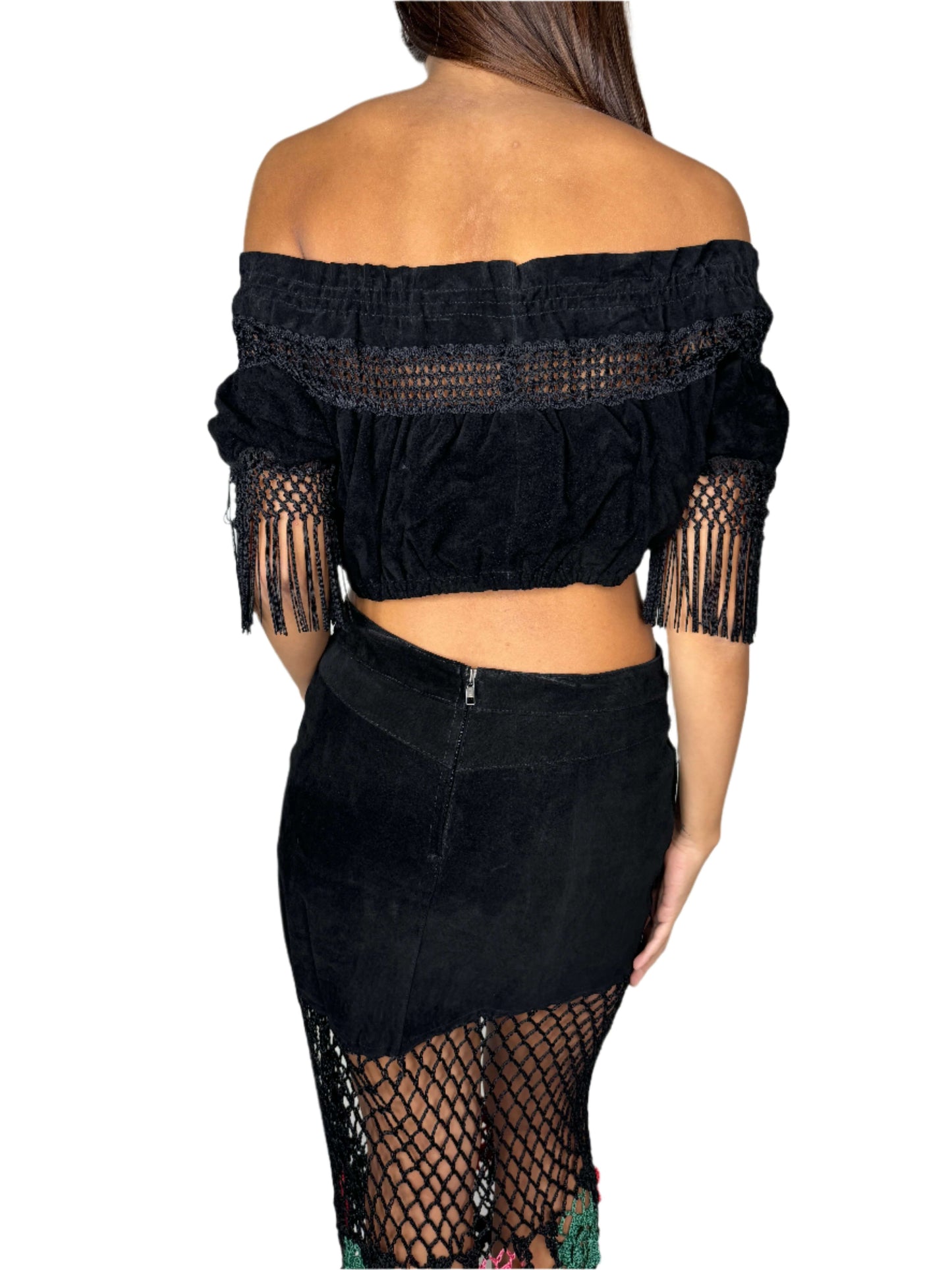 Black Suede Top, Skirt, Jacket & Hat Set Y2K