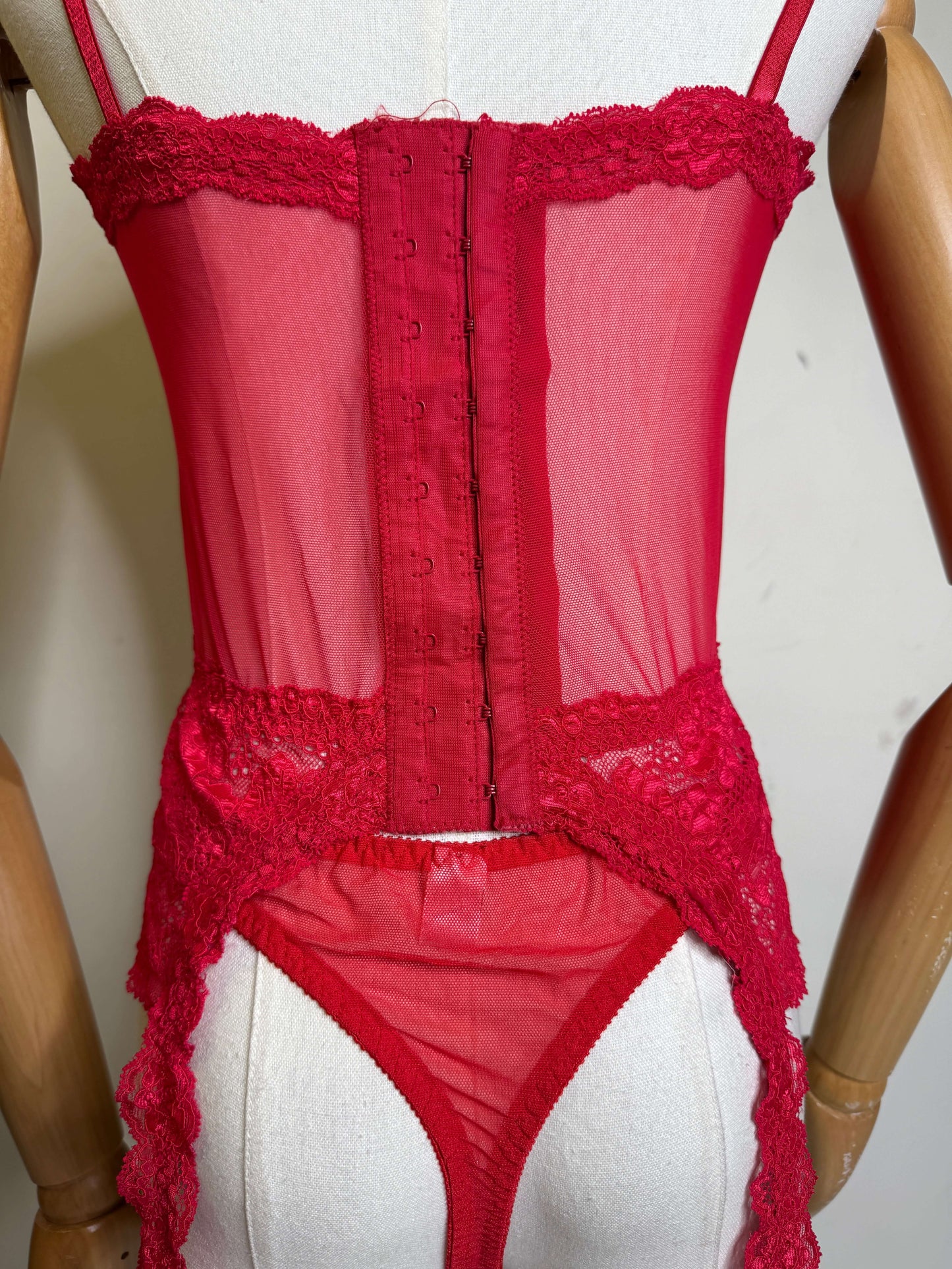 Christian Dior Red Sheer Lace Corset & Panty Set 1980s