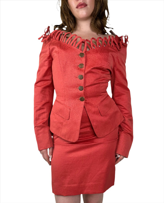 Sophie Sitbon Paris, Coral Linen Skirt Suit 1990s