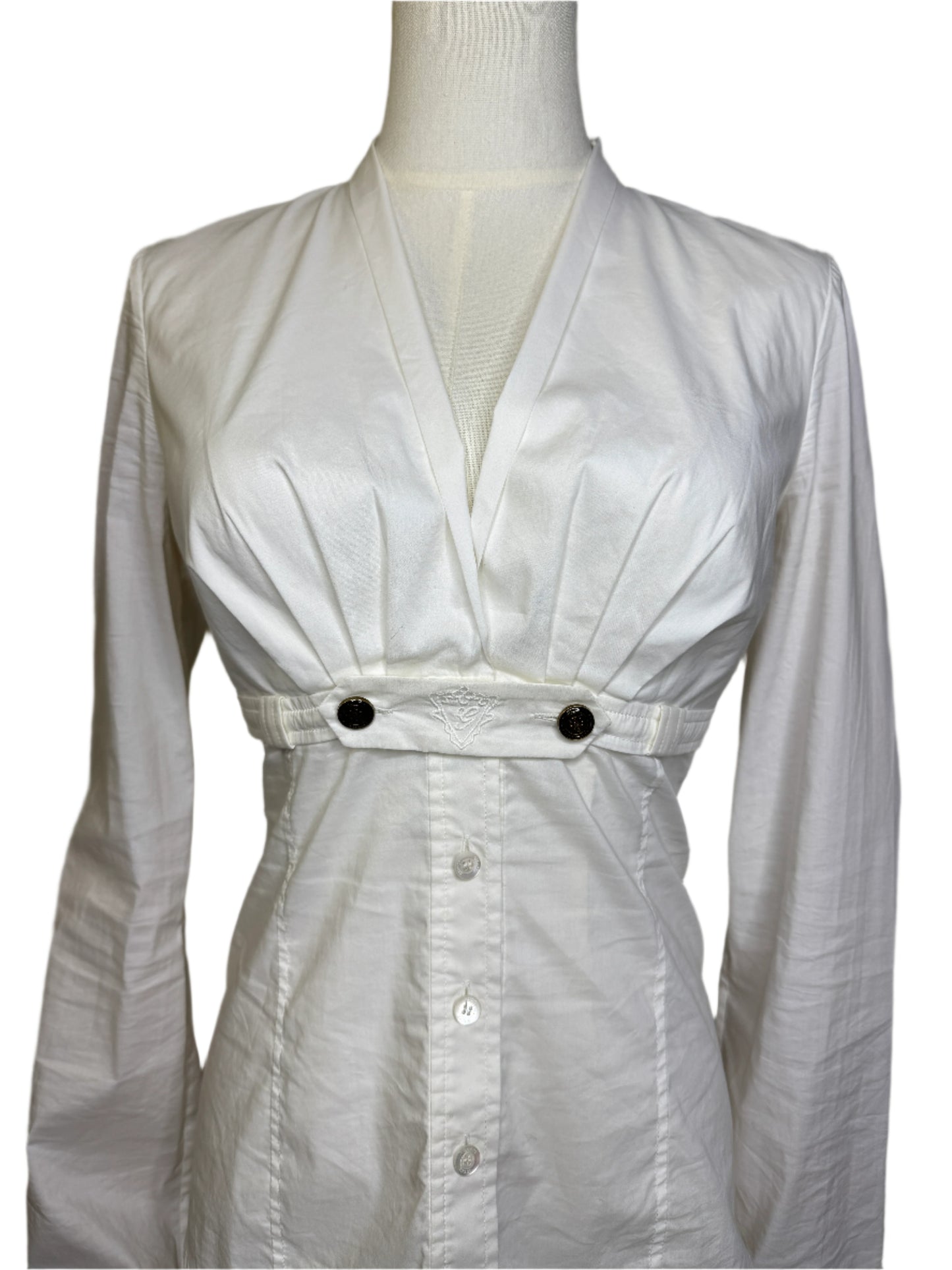 Gucci, White Cotton Blouse V-Neck, Buttoned Empire Waist 2000s