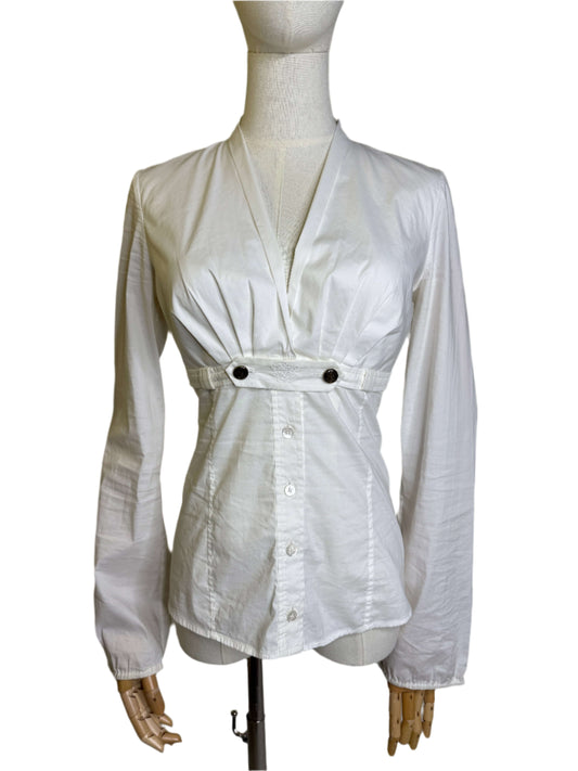 Gucci, White Cotton Blouse V-Neck, Buttoned Empire Waist 2000s