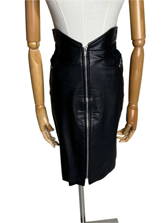 DD Black Leather Pencil Skirt w/ Exterior Zipper 1980s