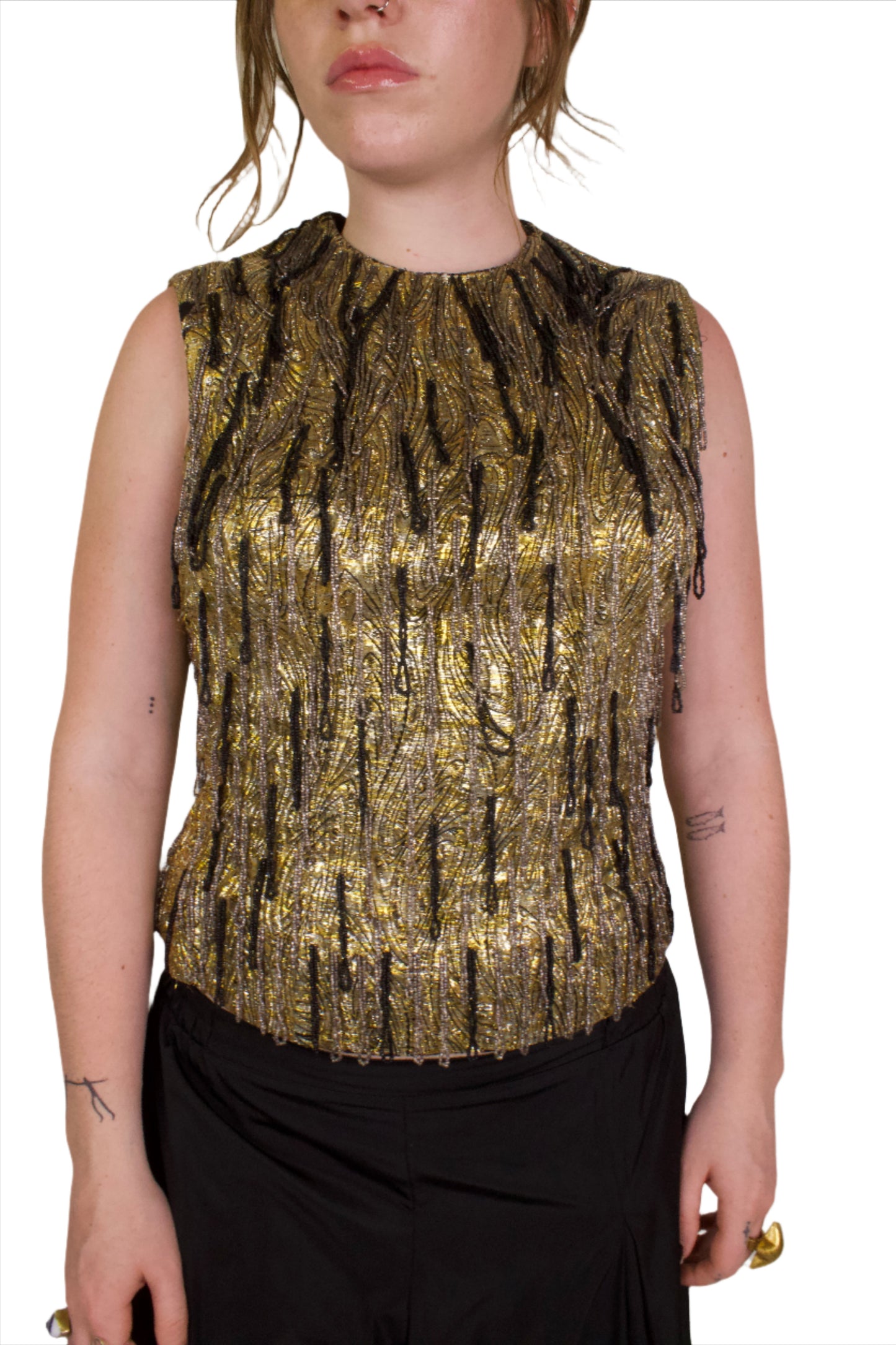 Gold Brocade Evening Top w/ Black Beaded Fringe 1960s