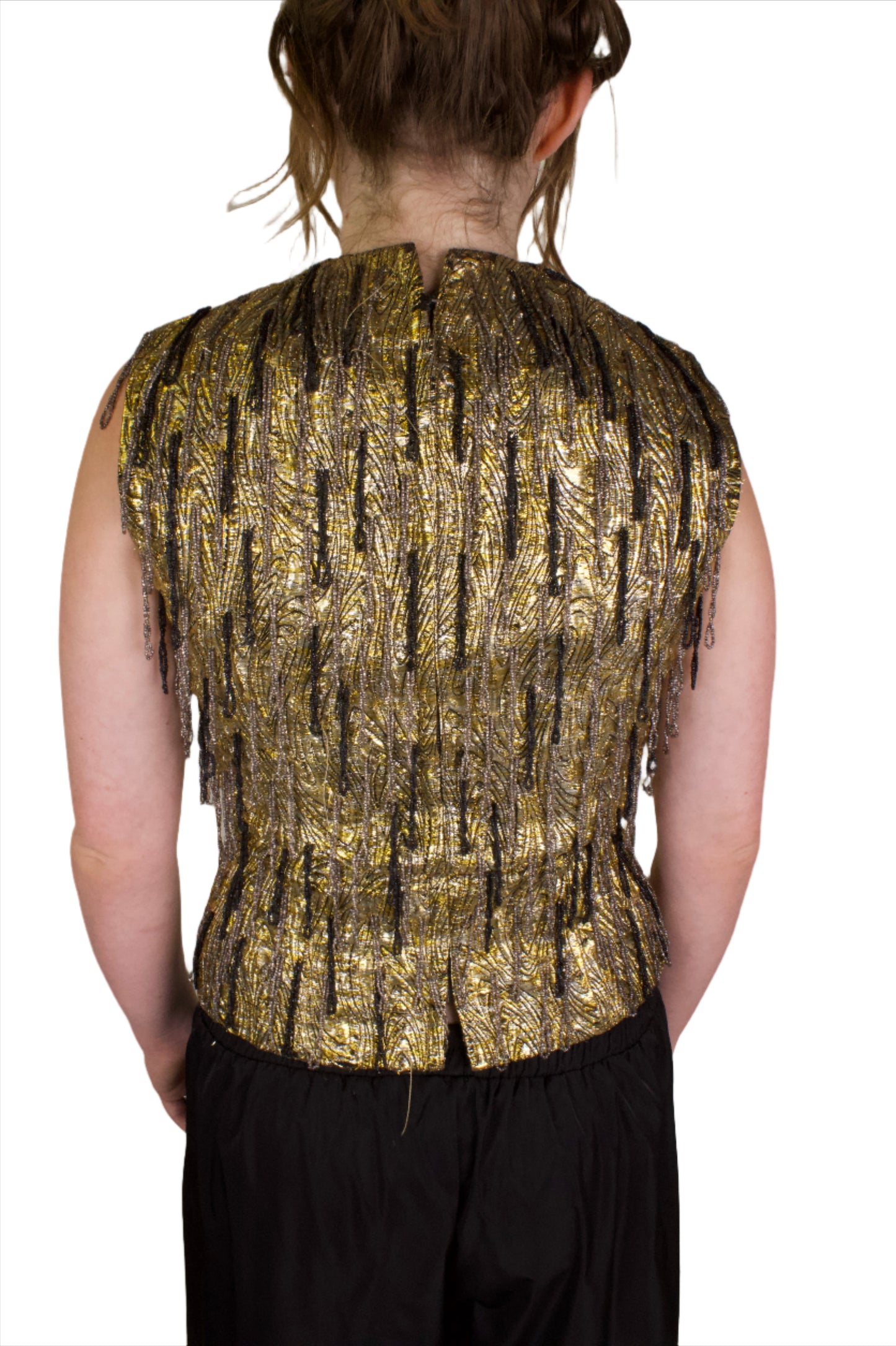 Gold Brocade Evening Top w/ Black Beaded Fringe 1960s
