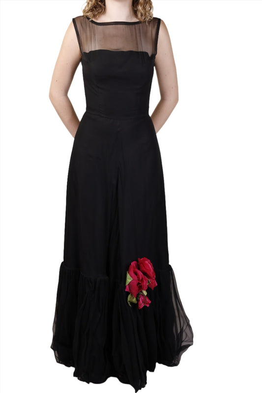 Black Chiffon Flamenco Evening Gown 1940s