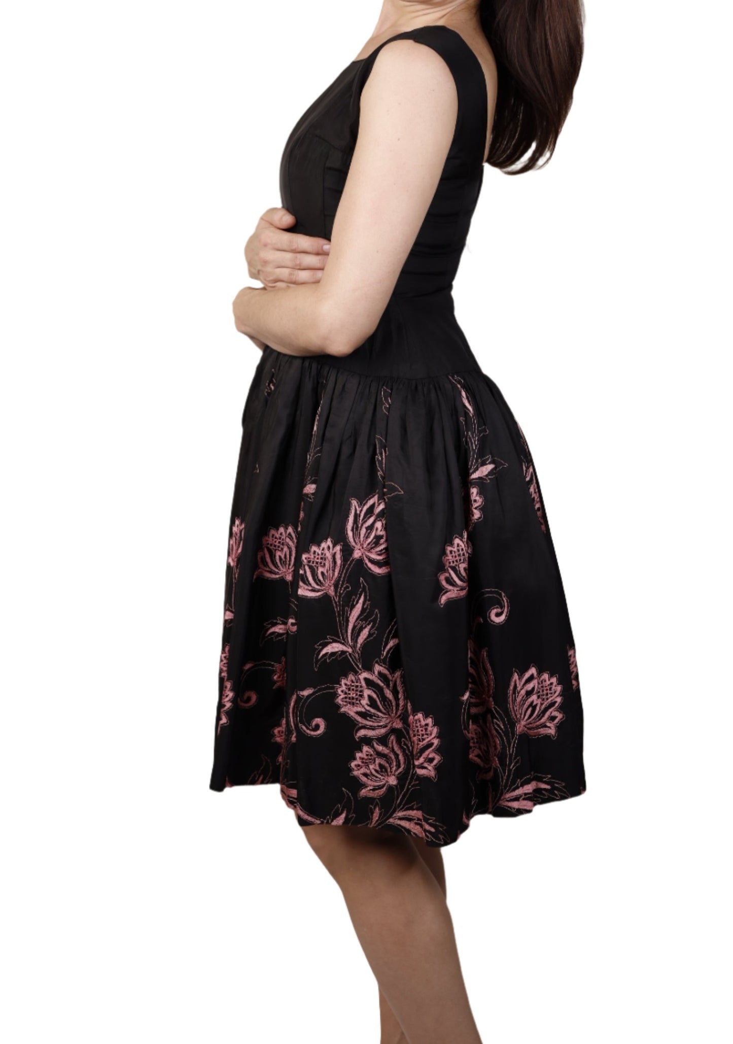 Black Dress w/ Pink Floral Embroidery & Pleats 1950s