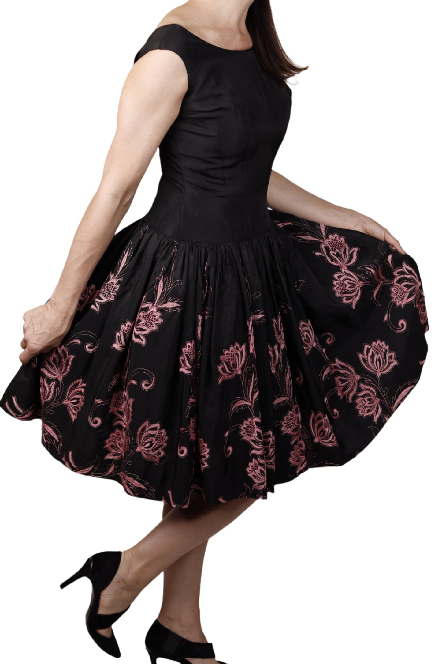 Black Dress w/ Pink Floral Embroidery & Pleats 1950s