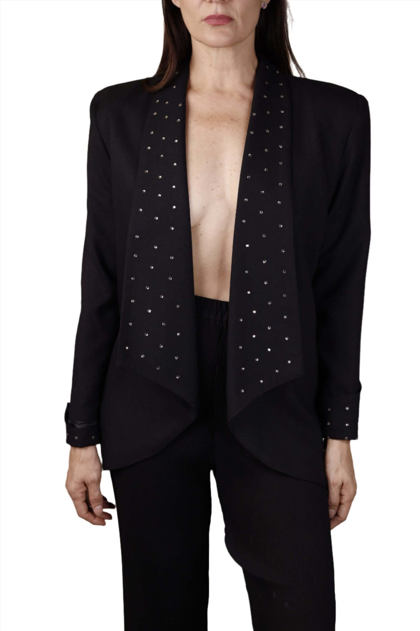 Diani, Black Blazer Jacket w/ Rhinestone Lapel 1980s