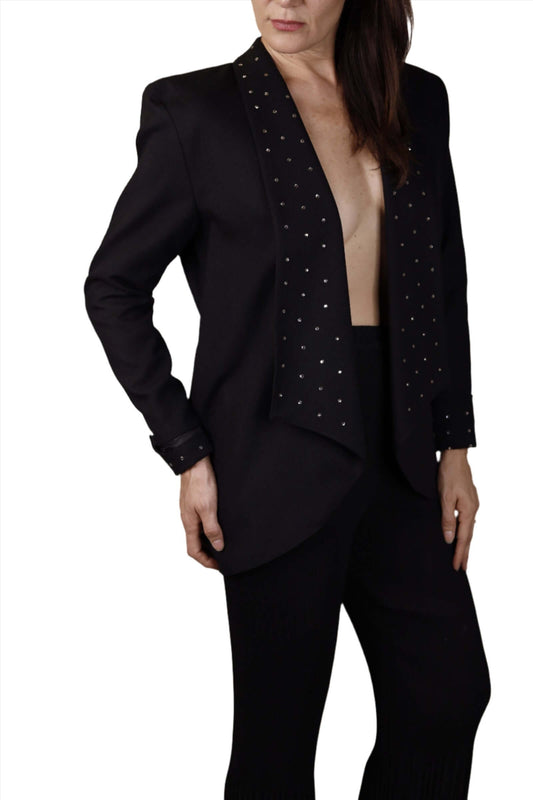 Diani, Black Blazer Jacket w/ Rhinestone Lapel 1980s