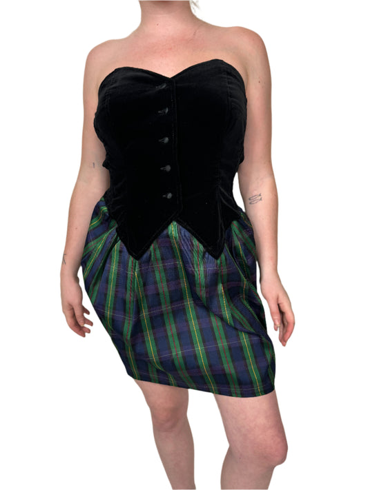 Taffeta Black Velvet & Plaid Cocktail Dress 1980s