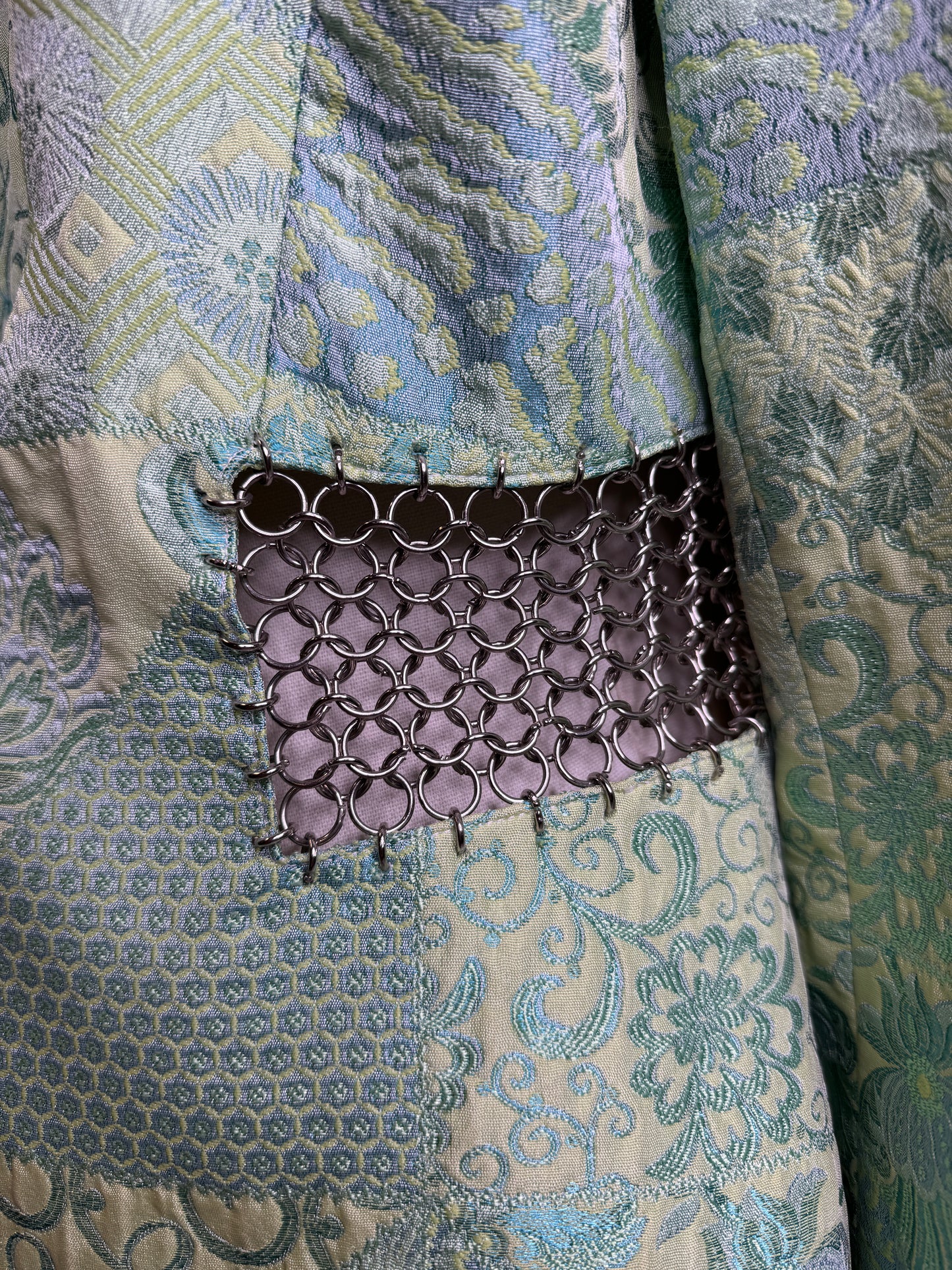 Terry Paris, 1990s Mint Green Brocade Patchwork & Silver Chain Mail Blazer