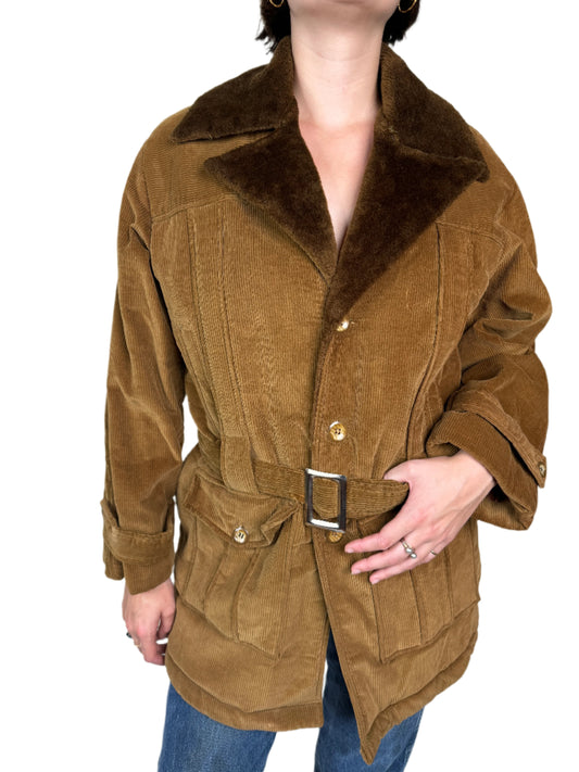 Quality 99, Brown Corduroy Faux Fur Lining & Butterly Collar Jacket 1970s