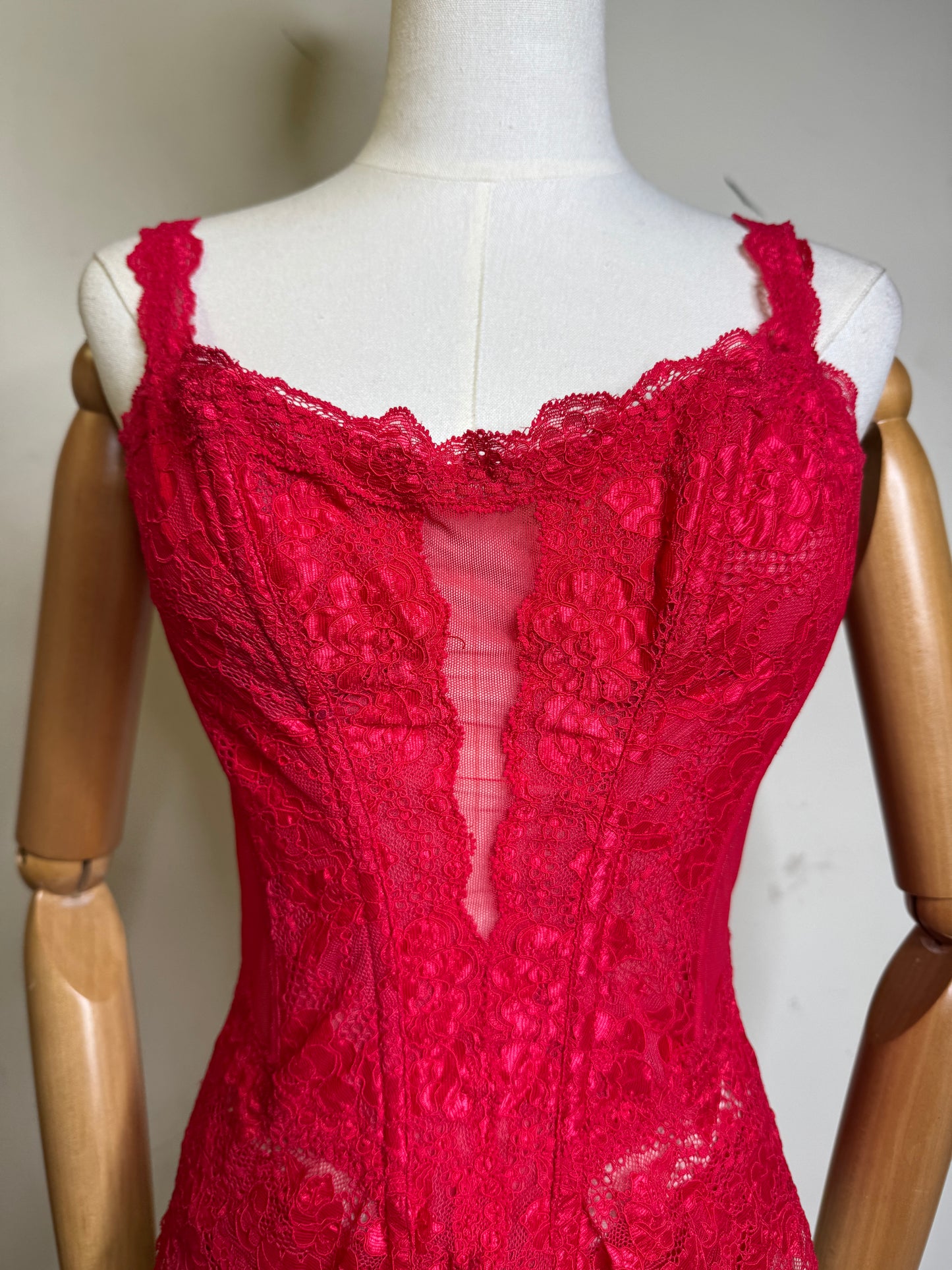 Christian Dior Red Sheer Lace Corset & Panty Set 1980s