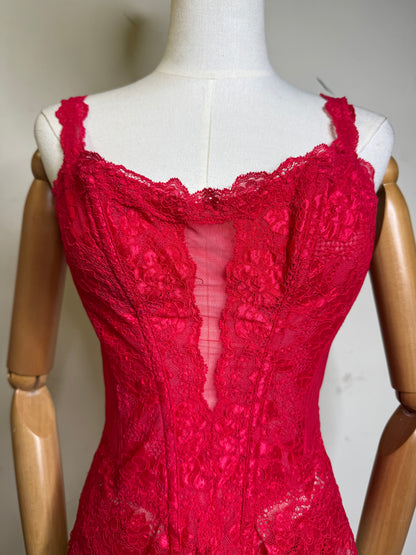 Christian Dior Red Sheer Lace Corset & Panty Set 1980s