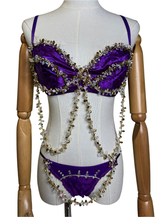 Purple Satin & Gold Beaded Panty Set