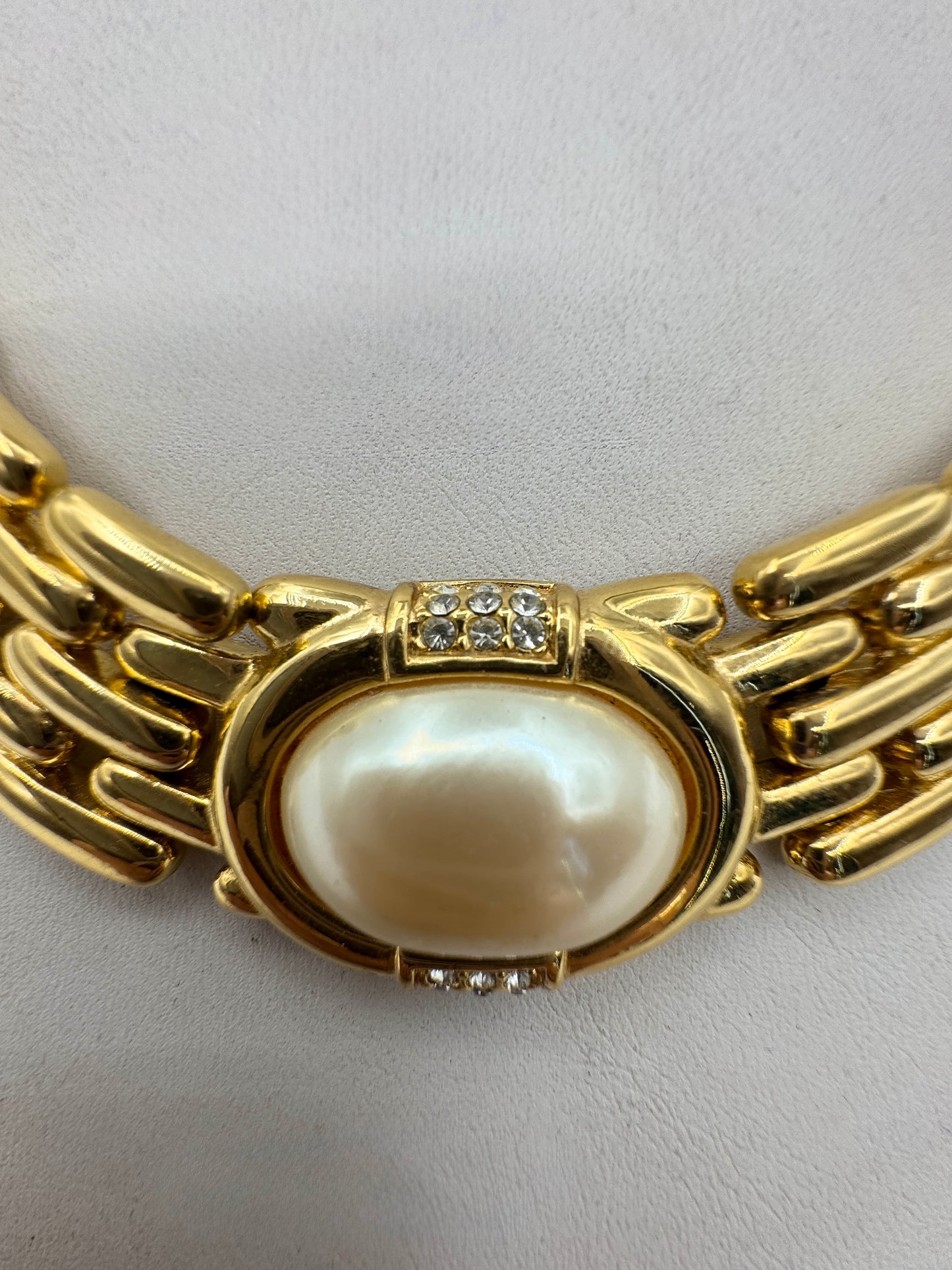 Givenchy, Gold Wide Link Statement Necklace w/ Rhinestones & Pearl 1980s