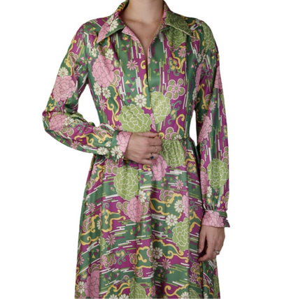 Green & Purple Floral Graphic Long Sleeve Maxi Dress 1960s