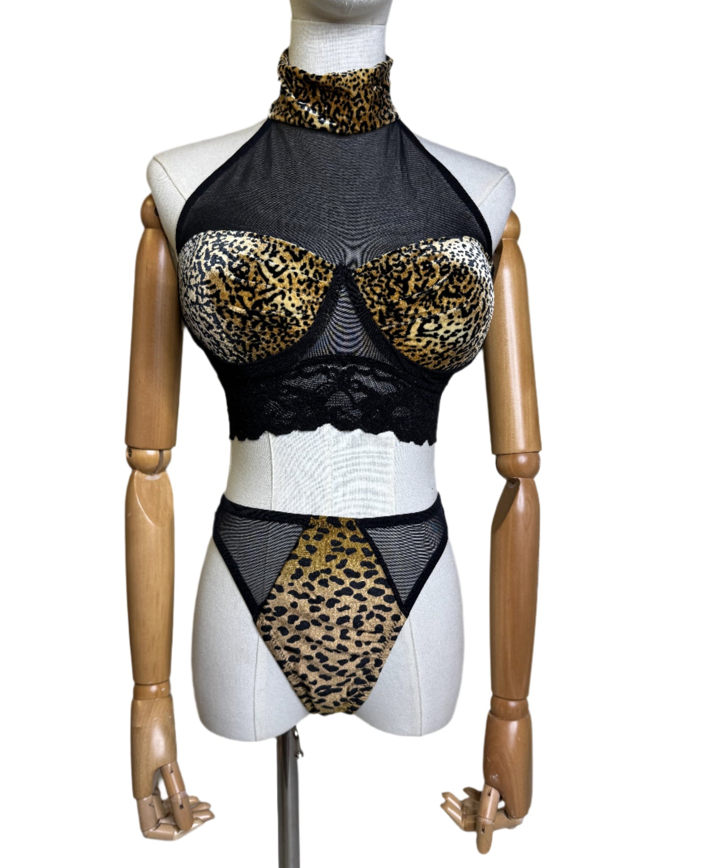Leopard Bra Top with Black Sheer & Lace & Panty 1980s