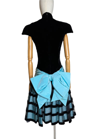 Victor Costa, Black & Blue Dropwaist Dress 1980s
