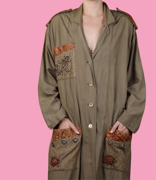 Dormallo, Green Silk Trenchcoat w/ Snakeskin 1980s