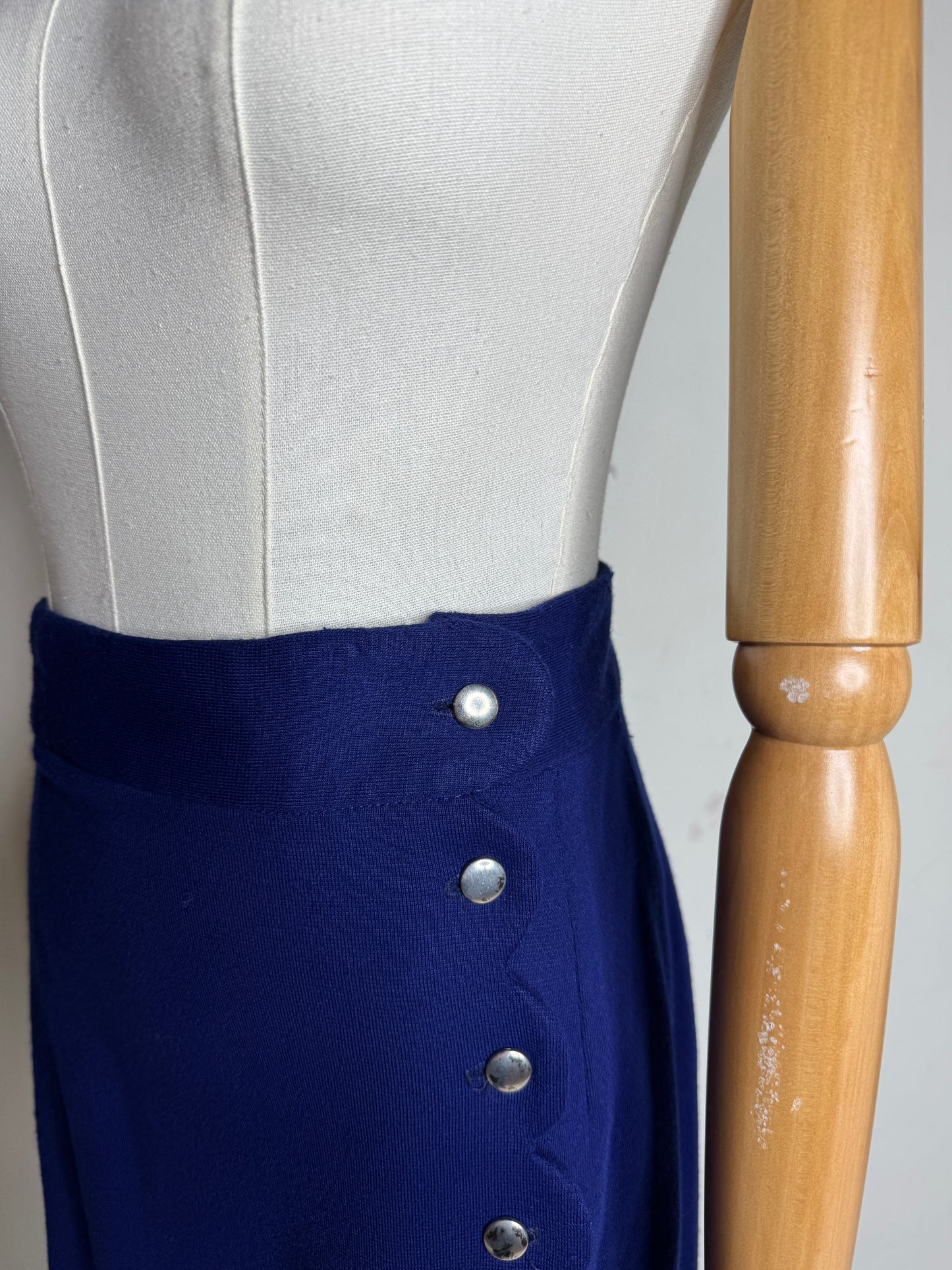 Little Sticks Blue Wool Scalloped Maxi Skirt 1970s