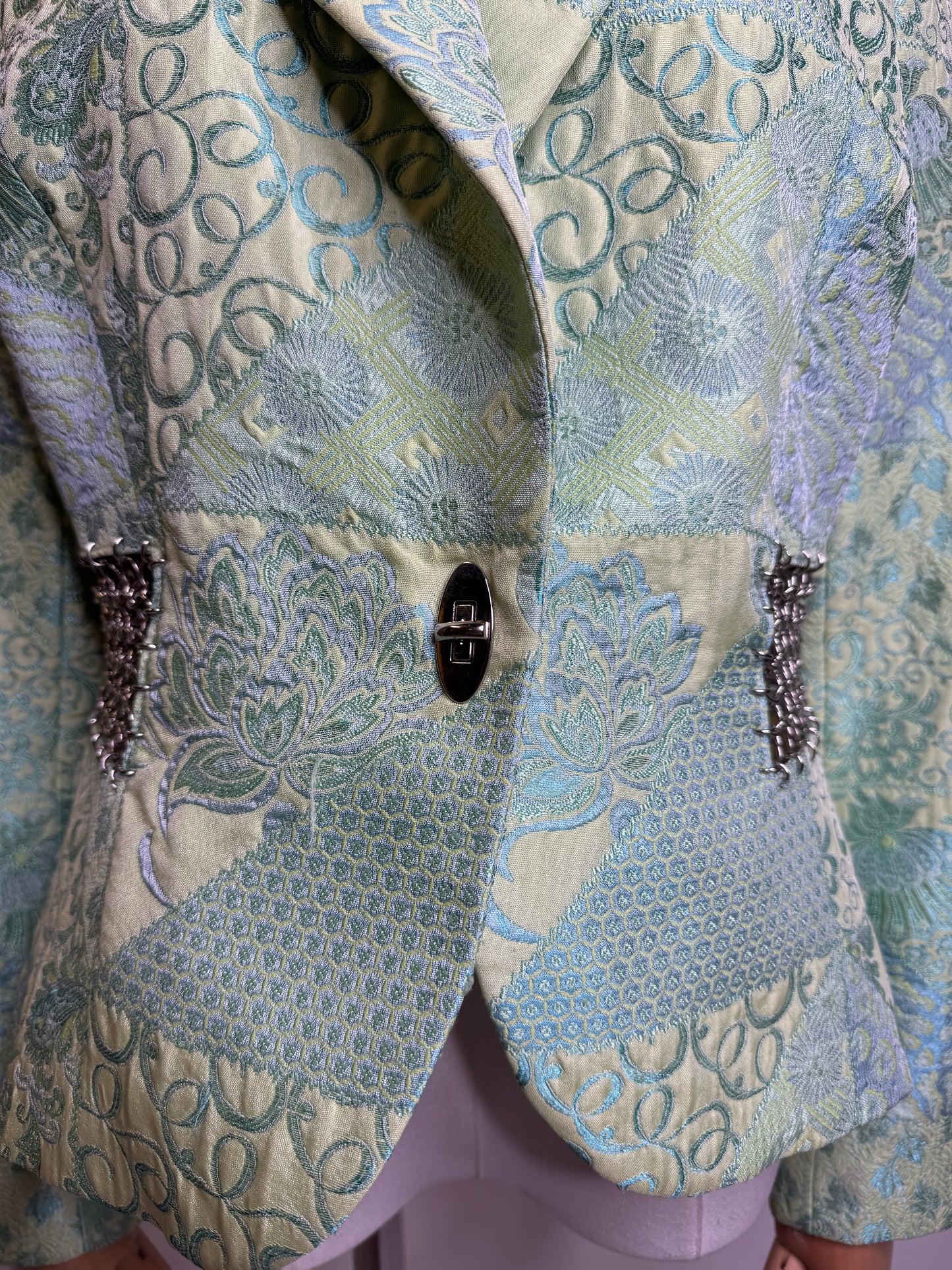 Terry Paris, 1990s Mint Green Brocade Patchwork & Silver Chain Mail Blazer