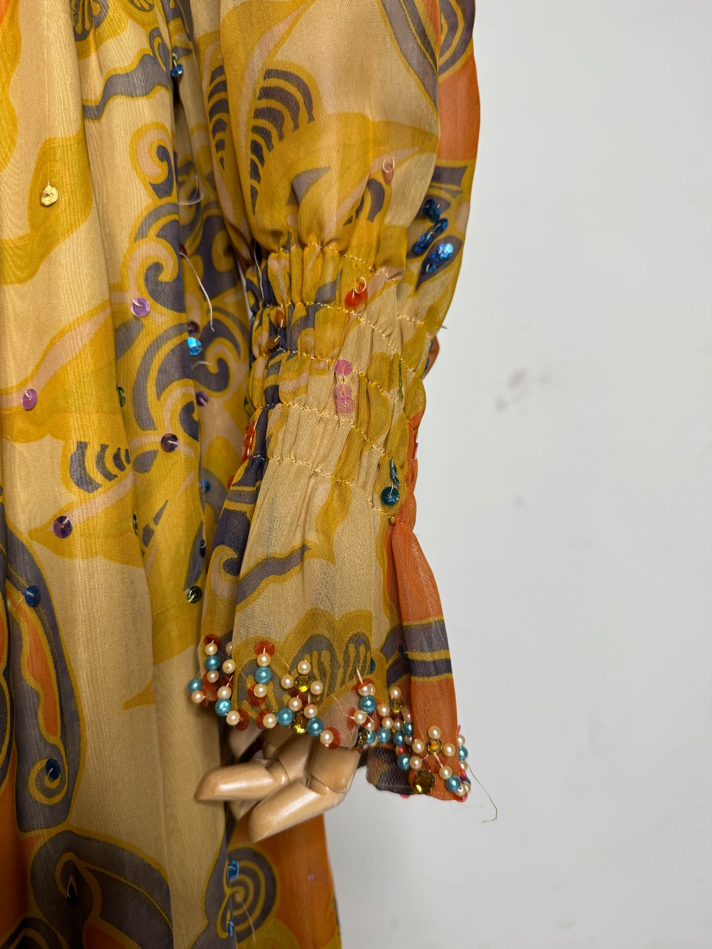 Colorful Chiffon Paisley Evening Gown w/ Beading Details 1960s