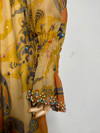 Colorful Chiffon Paisley Evening Gown w/ Beading Details 1960s