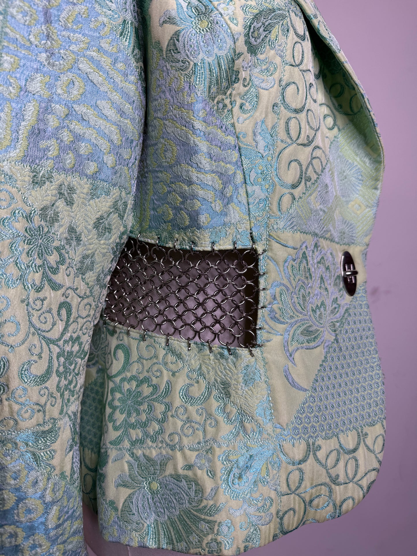Terry Paris, 1990s Mint Green Brocade Patchwork & Silver Chain Mail Blazer