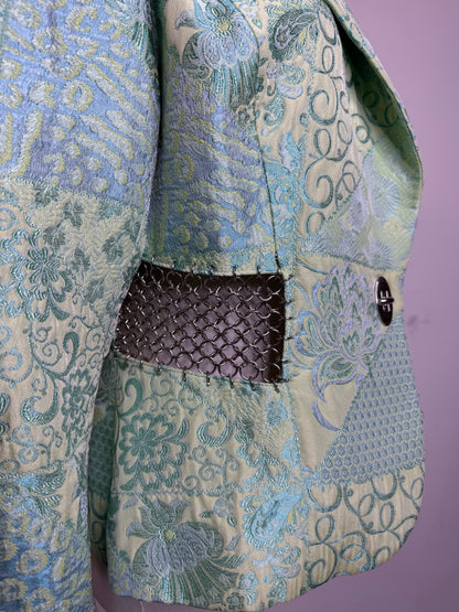 Terry Paris, 1990s Mint Green Brocade Patchwork & Silver Chain Mail Blazer