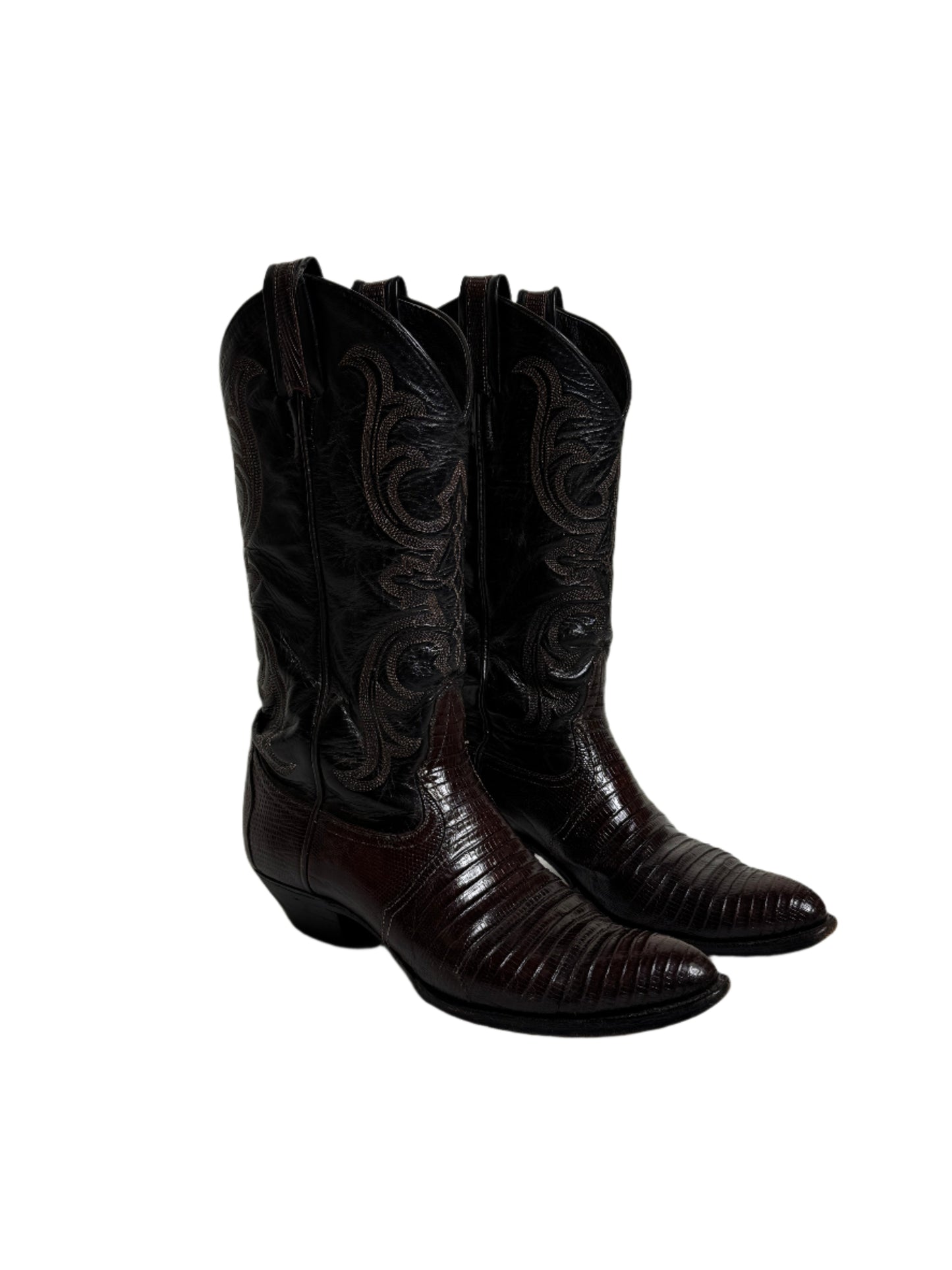 Lucchese Dark Brown Two Tone Lizard Cowboy Boots 1990s