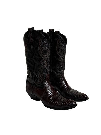 Lucchese Dark Brown Two Tone Lizard Cowboy Boots 1990s