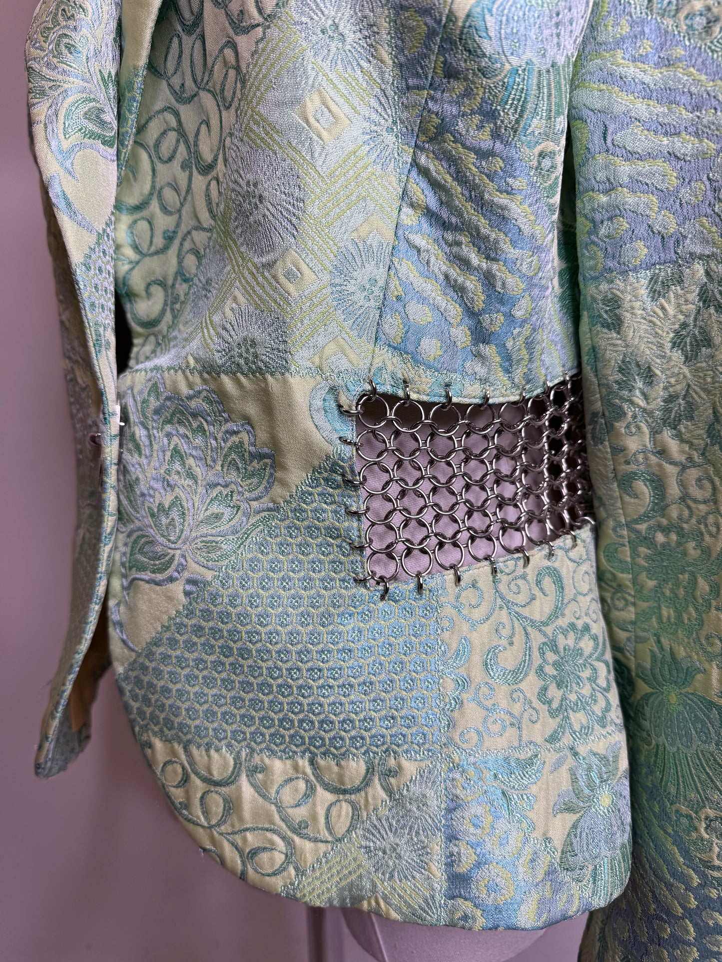 Terry Paris, 1990s Mint Green Brocade Patchwork & Silver Chain Mail Blazer