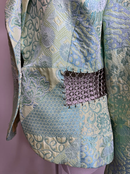 Terry Paris, 1990s Mint Green Brocade Patchwork & Silver Chain Mail Blazer