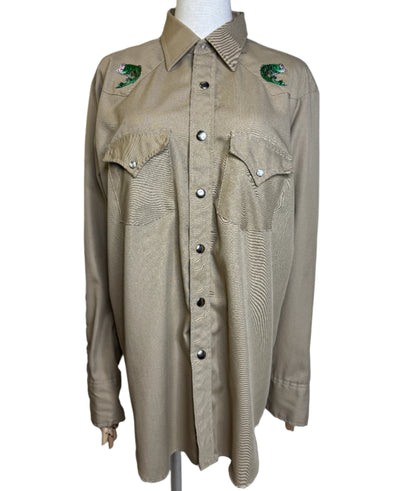 Sheplers, Bass Fish Western Beige Button Up 1970s