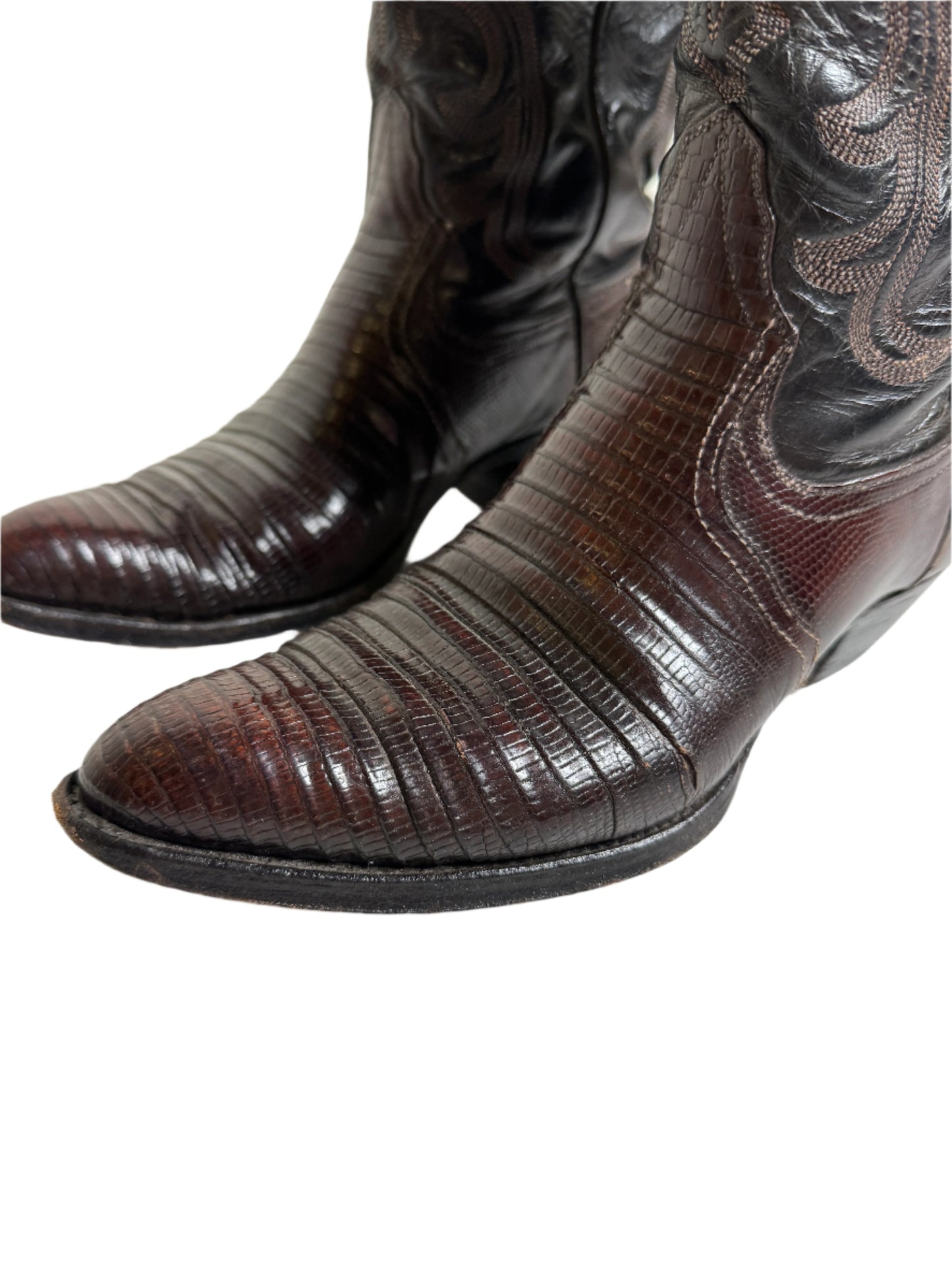 Lucchese Dark Brown Two Tone Lizard Cowboy Boots 1990s