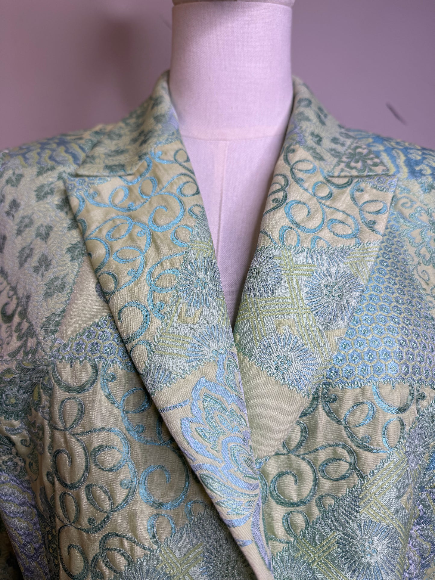 Terry Paris, 1990s Mint Green Brocade Patchwork & Silver Chain Mail Blazer