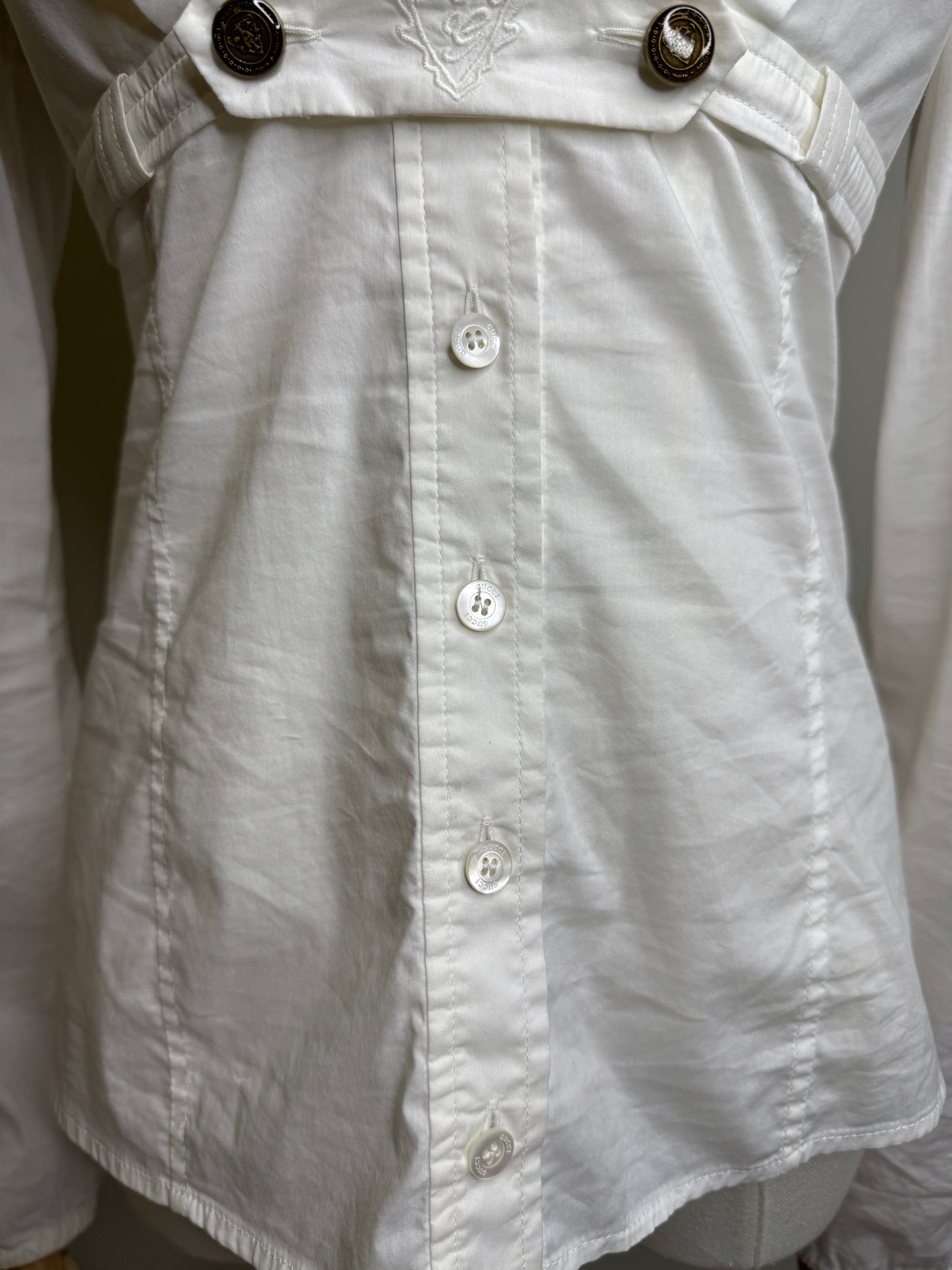 Gucci, White Cotton Blouse V-Neck, Buttoned Empire Waist 2000s