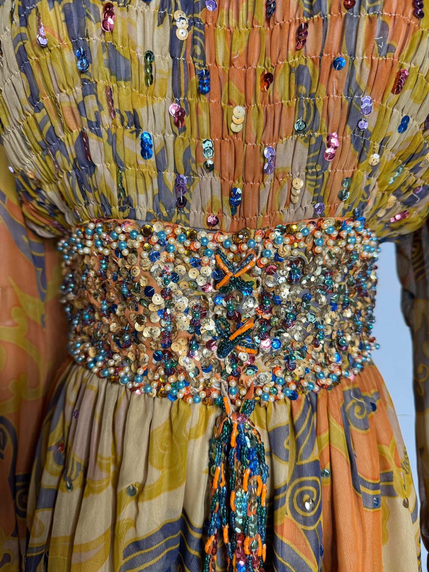 Colorful Chiffon Paisley Evening Gown w/ Beading Details 1960s